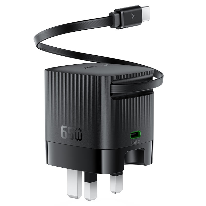 AceFast | 18502 | A129 | PD65W Folding Gan Charger (Usb C+Usb C) With Retractable Cable | UK | Black AceFast | 18502 | A129 | PD65W Folding Gan Charger (Usb C+Usb C) With Retractable Cable | UK | Black